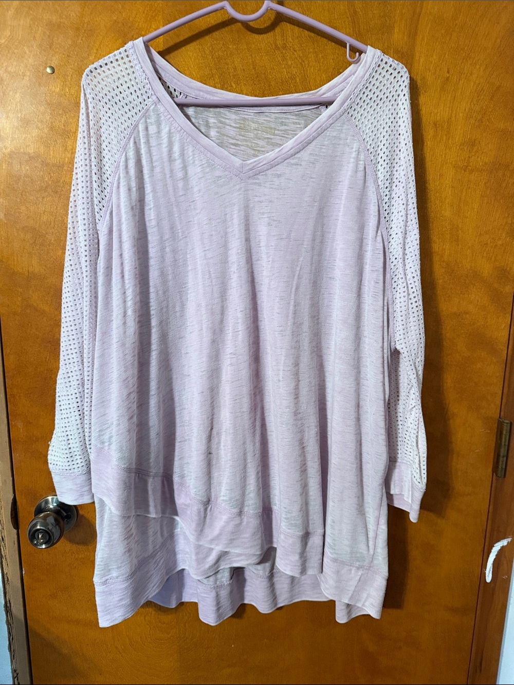 Lavender V-Neck Knit Tunic with Openwork Raglan Sleeves